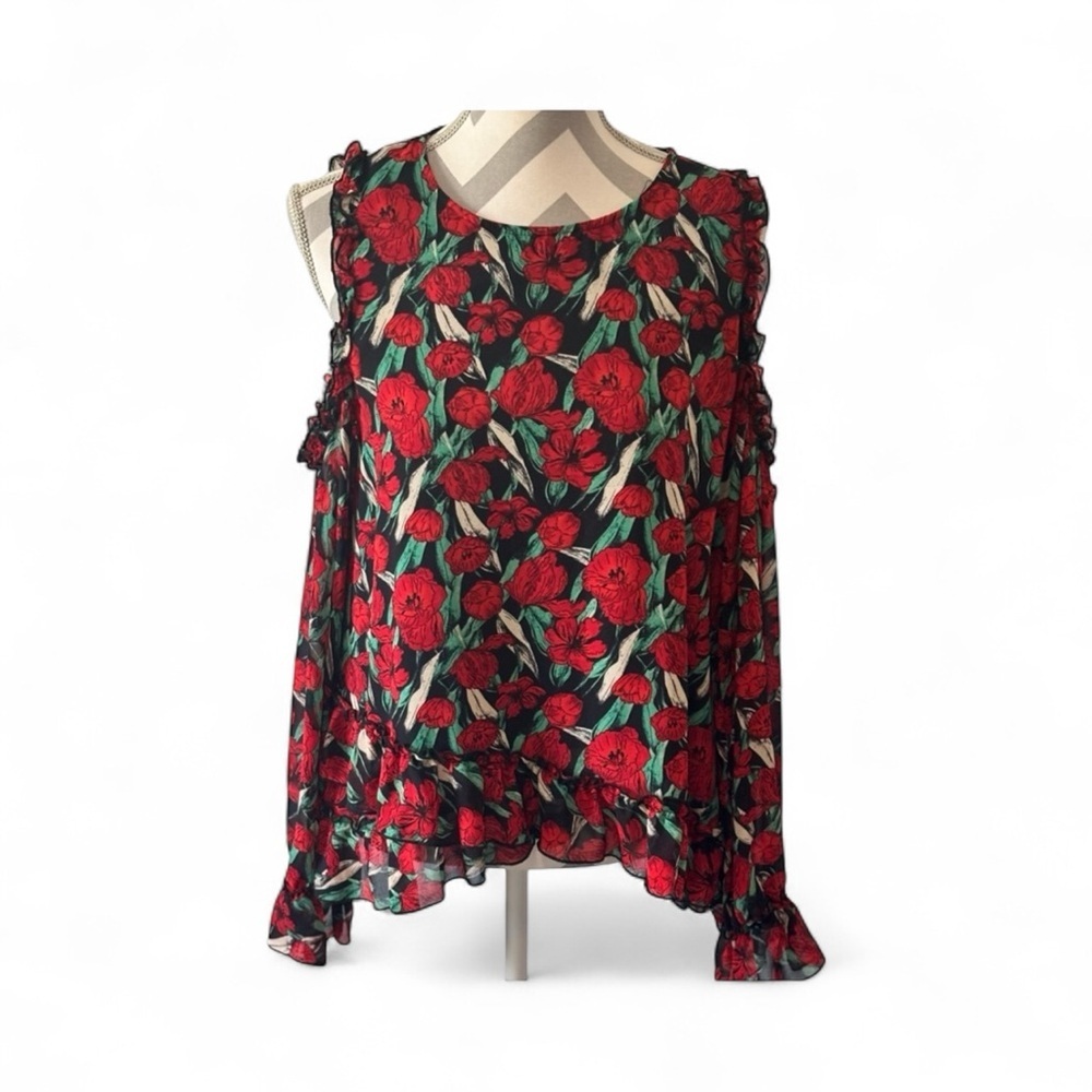 Krazy Kat Floral Cold Shoulder Blouse Women’s Medium Red Black Ruffle Sleeve Top
